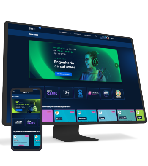 Um monitor e um celular com o conteúdo da alura